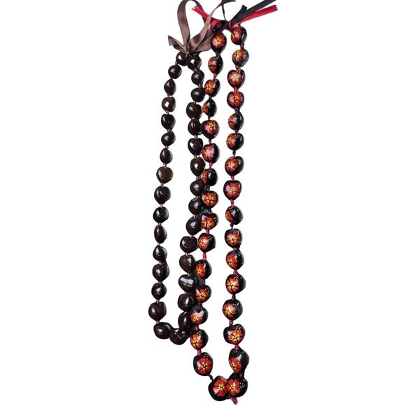 Vintage Hawaiian Kukui Nut Necklace Set Mens Womens Brown Black Floral Painted - Picture 1 of 7